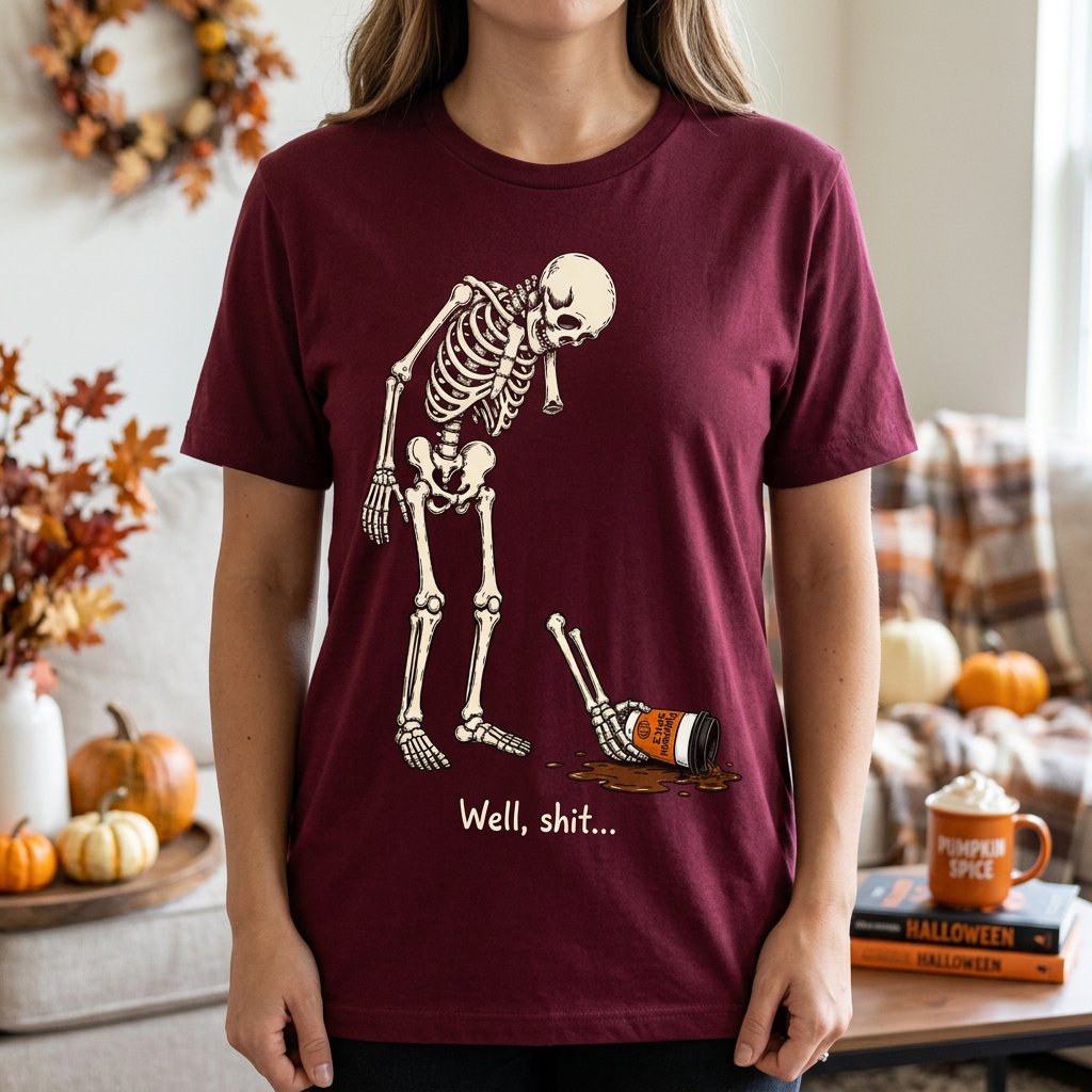 Funny Halloween Skeleton T-Shirt – "Well, Shit..." Pumpkin Spice Latte Tee