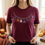 Halloween Charm Necklace T-Shirt – Pumpkin, Ghost, Witch Hat & Black Cat Tee