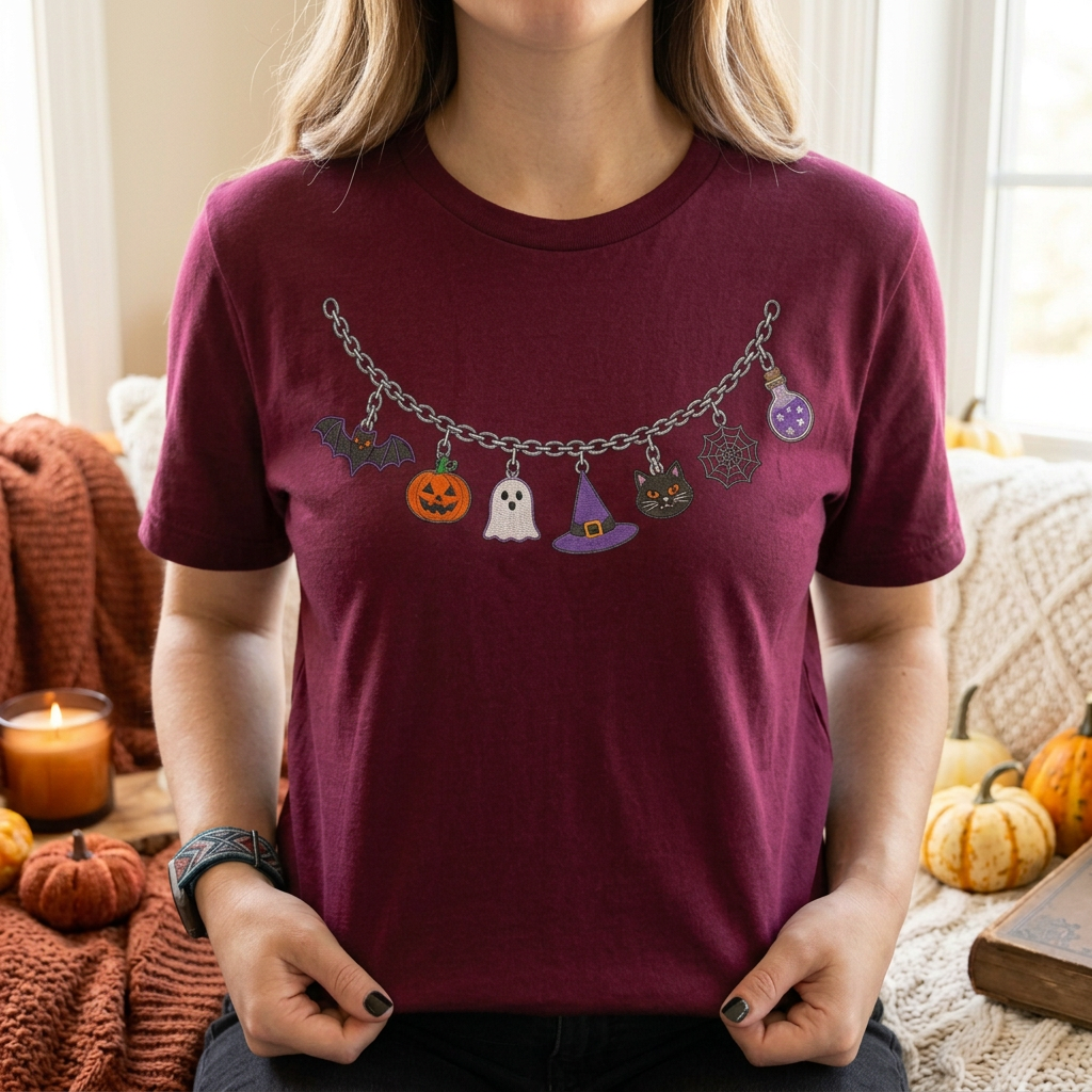 T-shirt Collier Charme d'Halloween – Haut Citrouille, Fantôme, Chapeau de Sorcière & Chat Noir