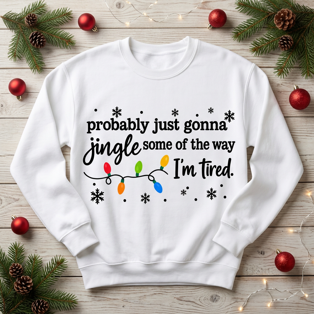 Mockup sweatshirt trắng in Jingle I’m tired trên nền gỗ