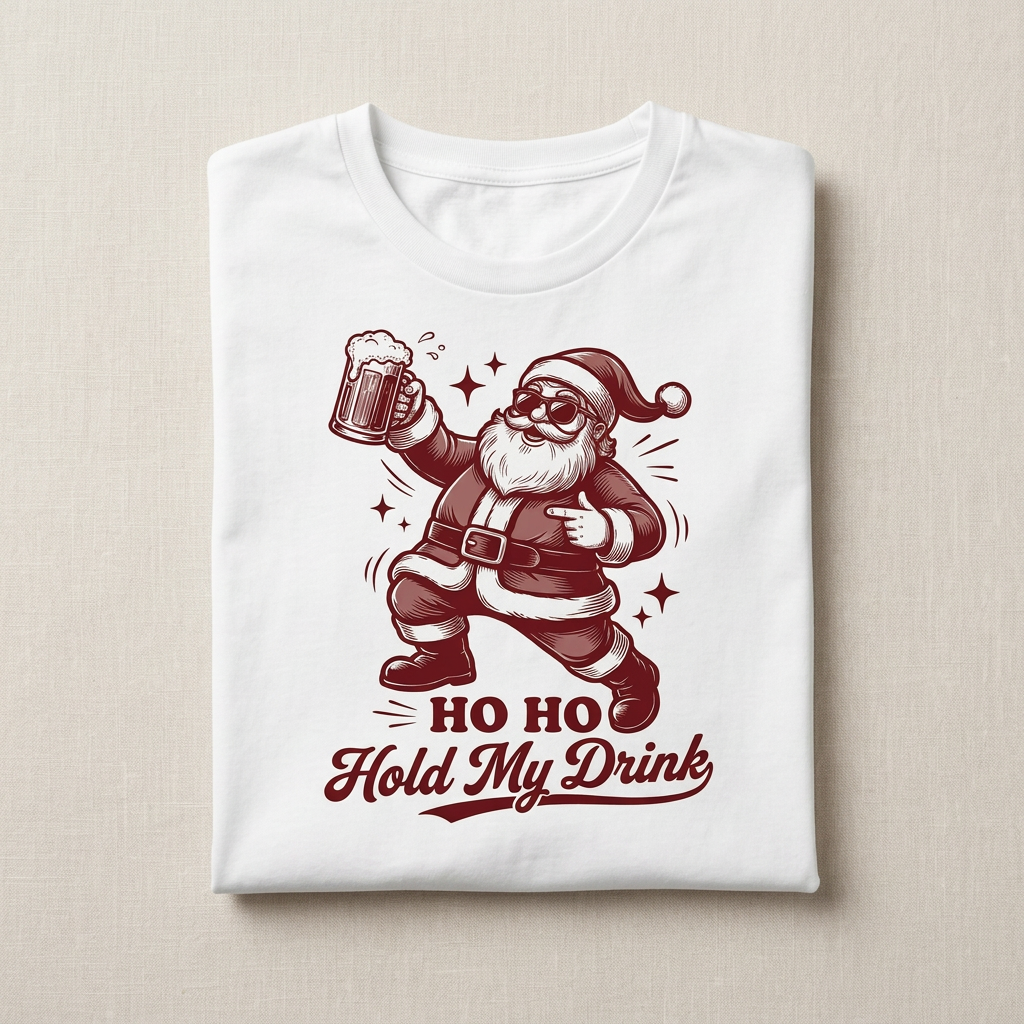 Mockup vuông áo trắng gấp gọn với thiết kế Santa cầm ly bia