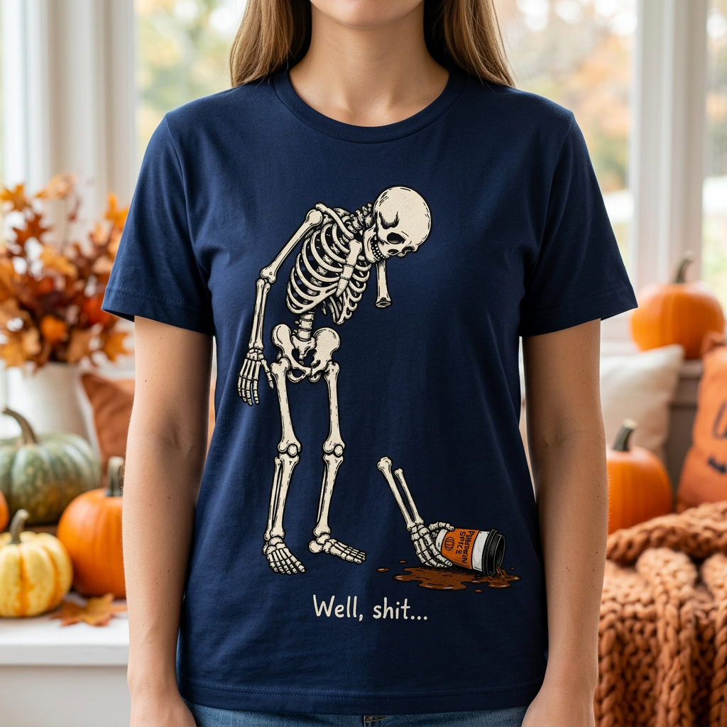 Funny Halloween Skeleton T-Shirt – "Well, Shit..." Pumpkin Spice Latte Tee