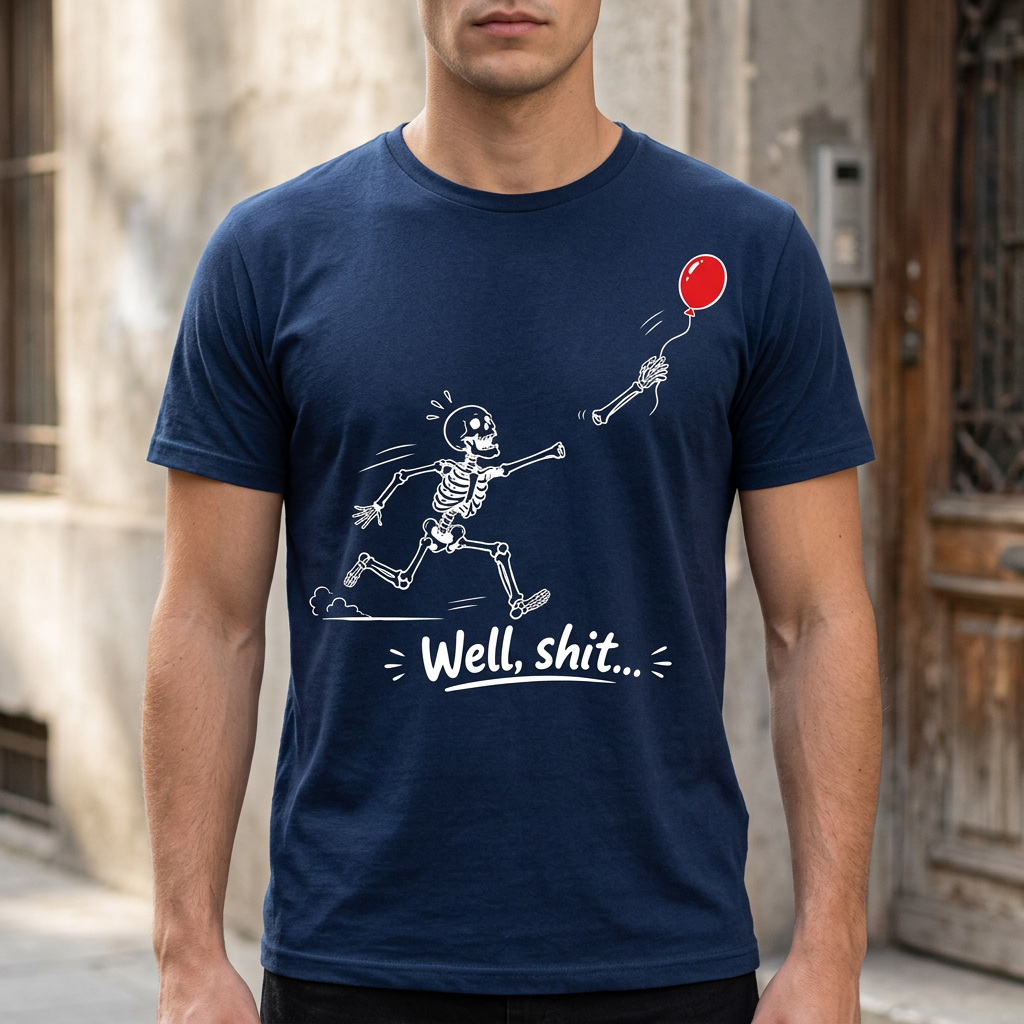 Funny Skeleton T-Shirt – "Well, Shit..." Floating Arm Red Balloon Tee