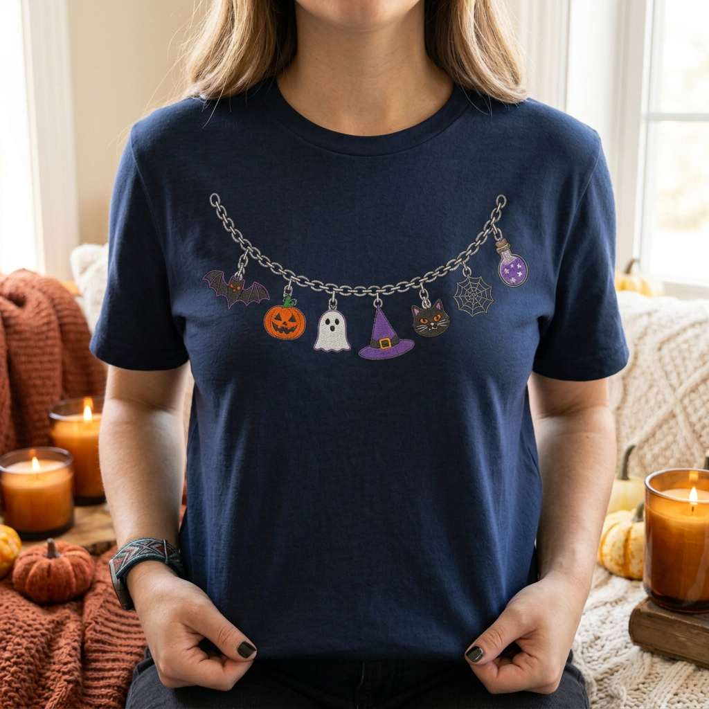 T-shirt Collier Charme d'Halloween – Haut Citrouille, Fantôme, Chapeau de Sorcière & Chat Noir