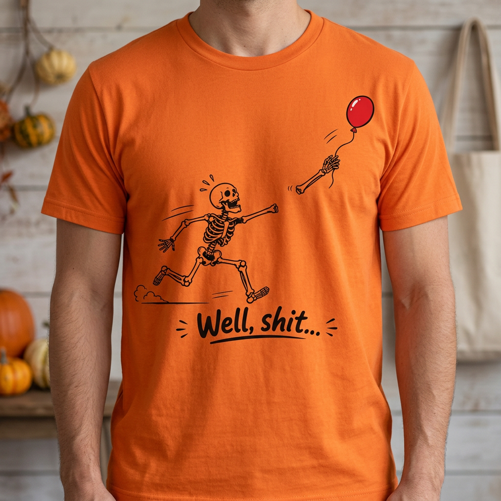 Funny Skeleton T-Shirt – "Well, Shit..." Floating Arm Red Balloon Tee