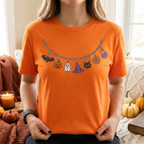 Halloween Charm Necklace T-Shirt – Pumpkin, Ghost, Witch Hat & Black Cat Tee