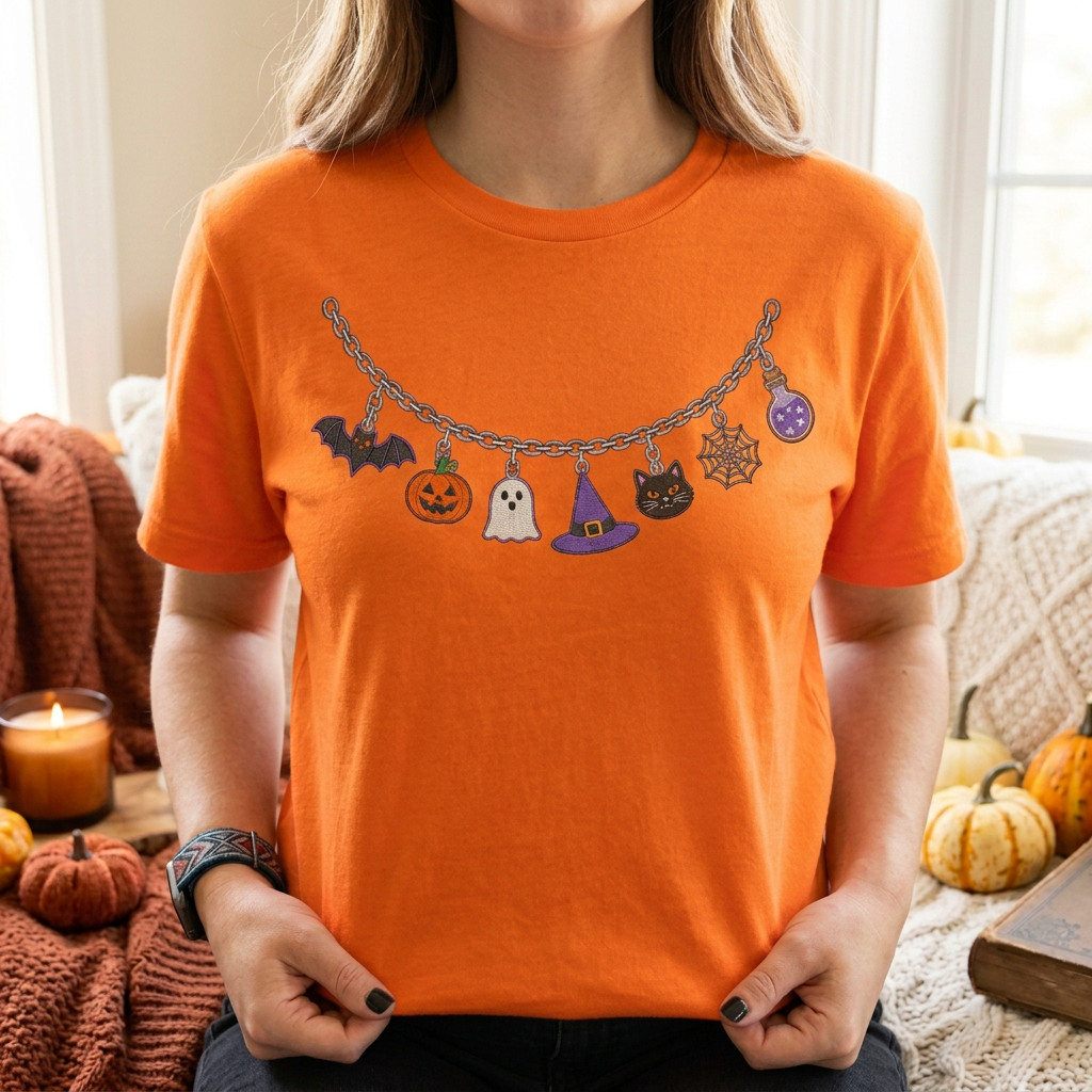 T-shirt Collier Charme d'Halloween – Haut Citrouille, Fantôme, Chapeau de Sorcière & Chat Noir