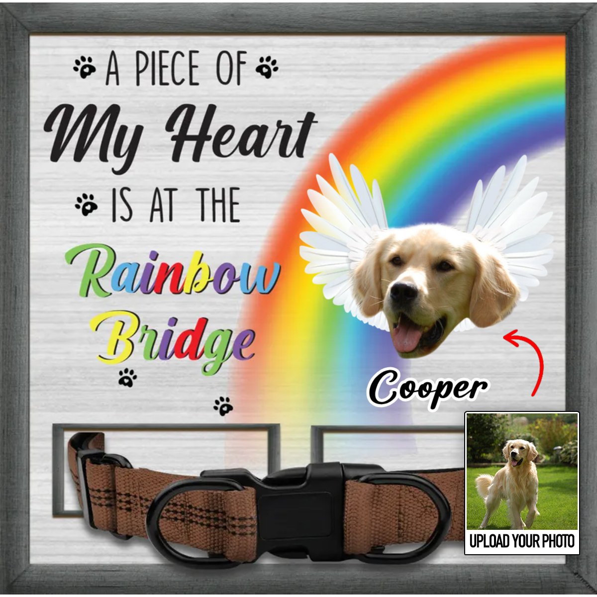 Pet Lovers - Custom Photo A Piece Of My Heart Is At The Rainbow Bridge - Personalized Pet Loss Sign, Collar Frame