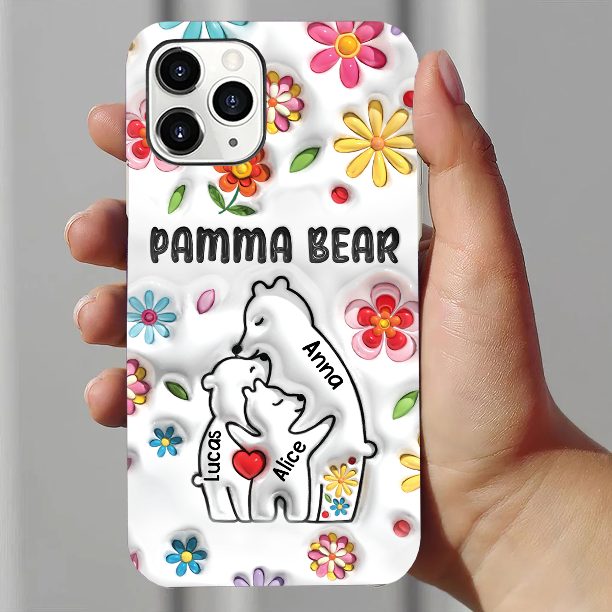 Mama Bear Floral Style - Birthday, Loving Gift For Mom, Mother, Grandma, Grandmother - 3D Inflated Effect Printed, Personalized Clear Phone Case