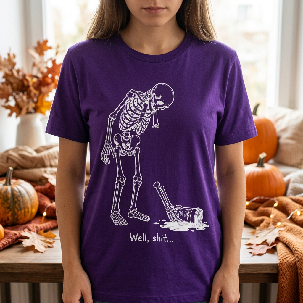 Funny Halloween Skeleton T-Shirt – "Well, Shit..." Pumpkin Spice Latte Tee