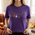 Halloween Charm Necklace T-Shirt – Pumpkin, Ghost, Witch Hat & Black Cat Tee