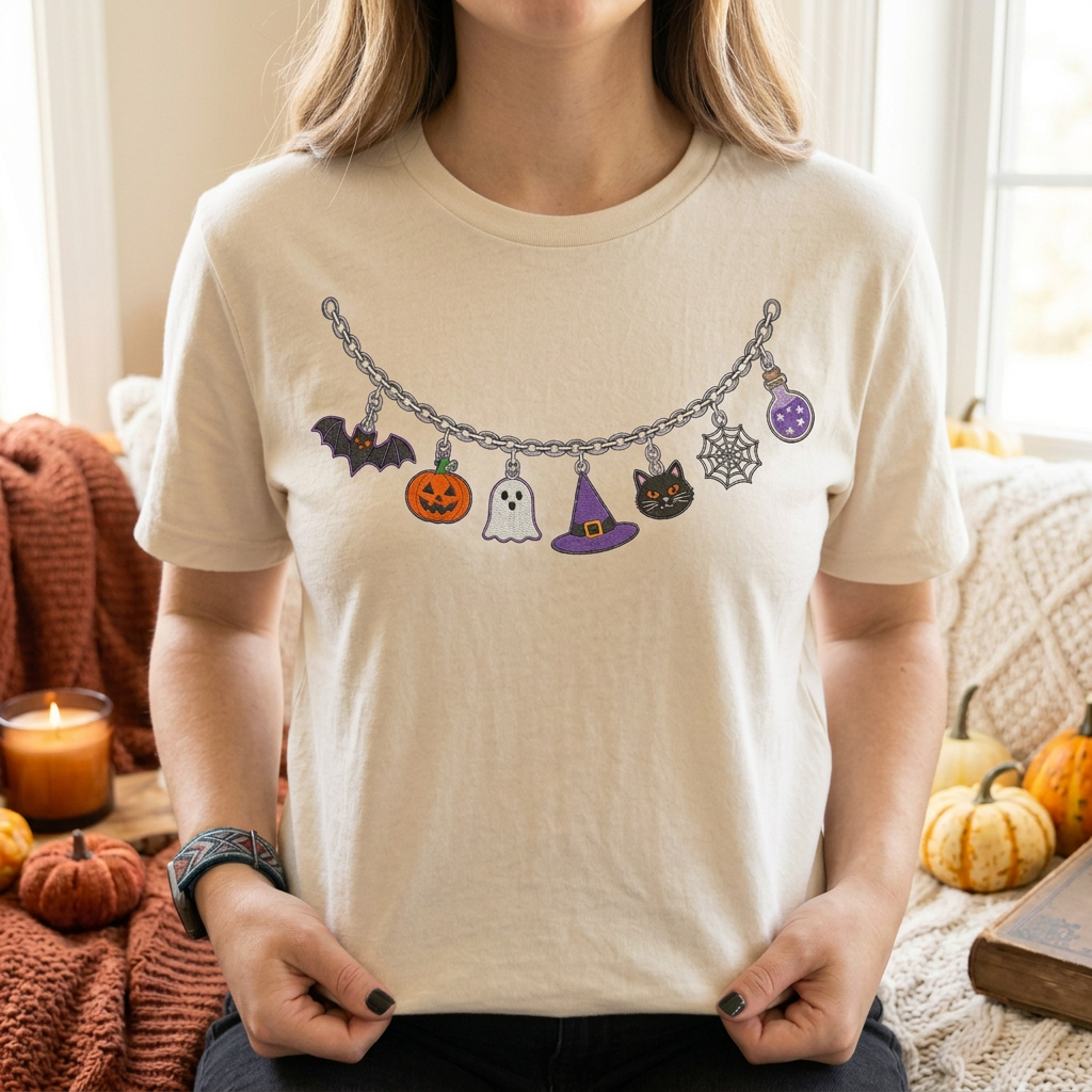 T-shirt Collier Charme d'Halloween – Haut Citrouille, Fantôme, Chapeau de Sorcière & Chat Noir