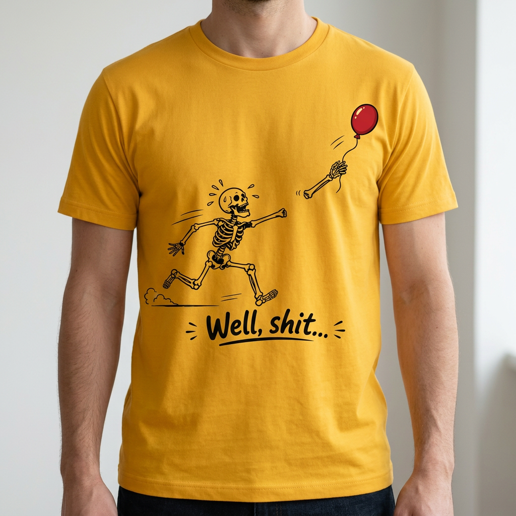 Funny Skeleton T-Shirt – "Well, Shit..." Floating Arm Red Balloon Tee