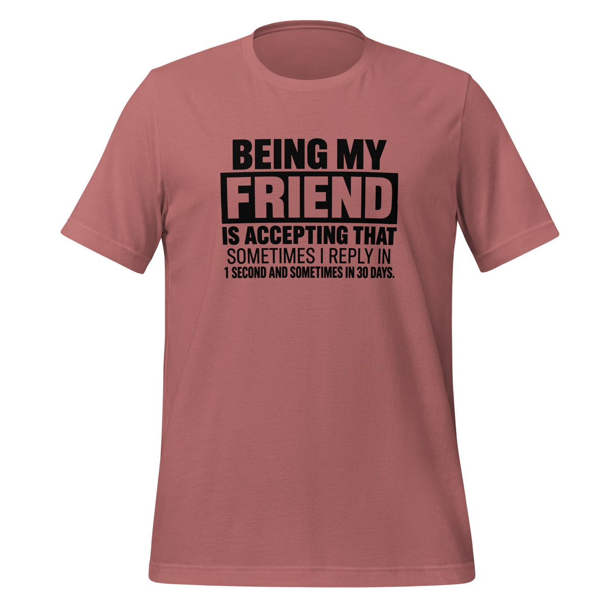 Being My Friend Means Accepting Replies In 1 Second Or 30 Days Funny Shirt T-shirt in Mauve