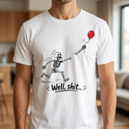 Funny Skeleton T-Shirt – "Well, Shit..." Floating Arm Red Balloon Tee