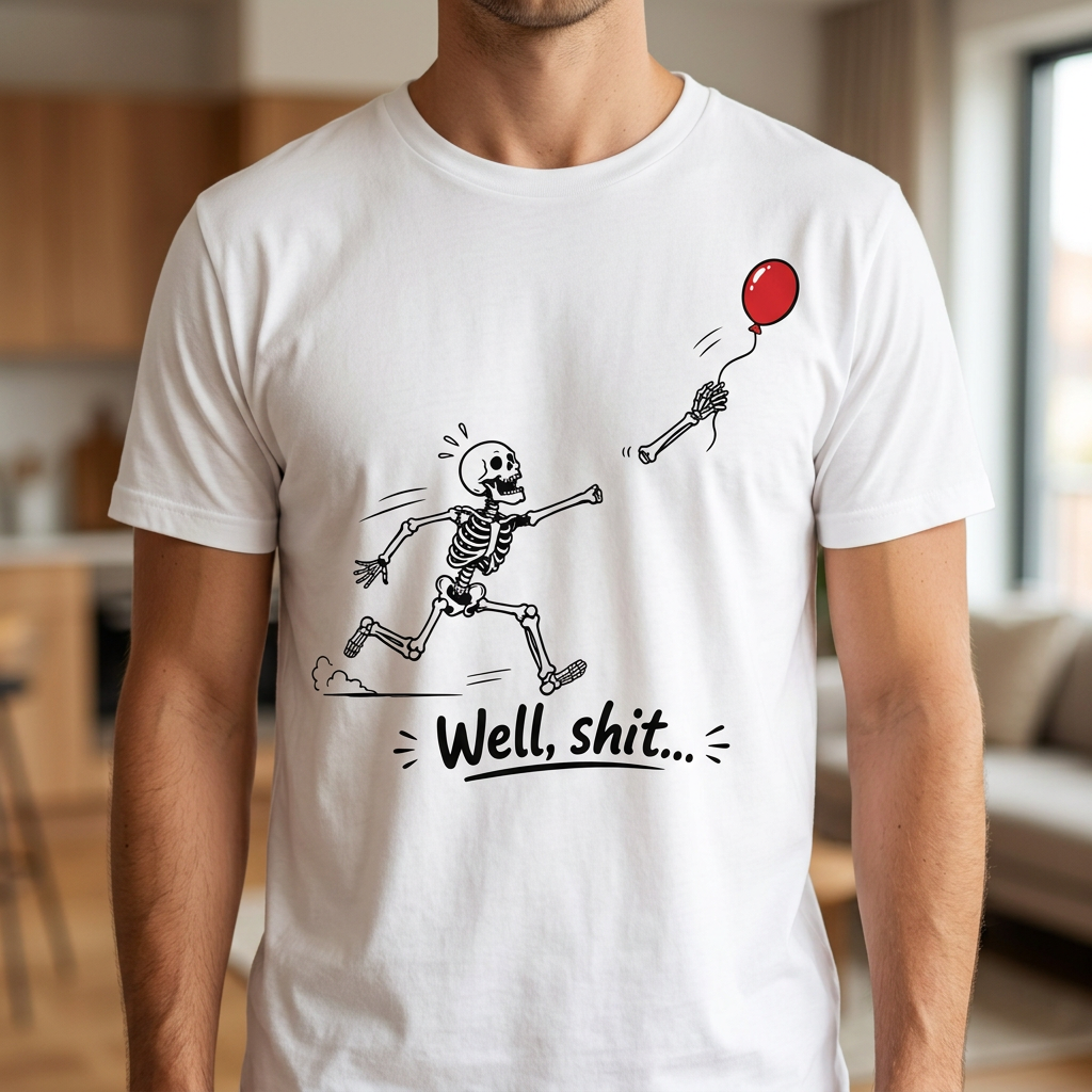 Funny Skeleton T-Shirt – "Well, Shit..." Floating Arm Red Balloon Tee