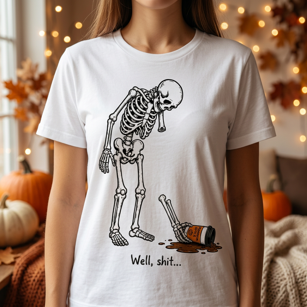 Funny Halloween Skeleton T-Shirt – "Well, Shit..." Pumpkin Spice Latte Tee