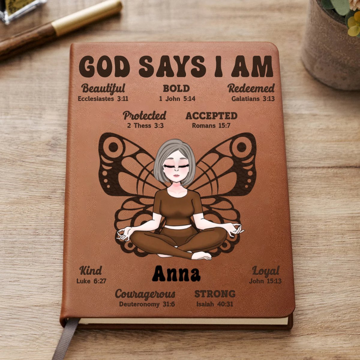 Yoga Lovers - God Says I Am - Personalized Leather Journal (TB)