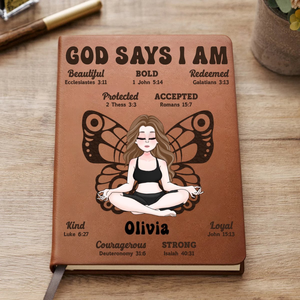 Yoga Lovers - God Says I Am - Personalized Leather Journal (TB)