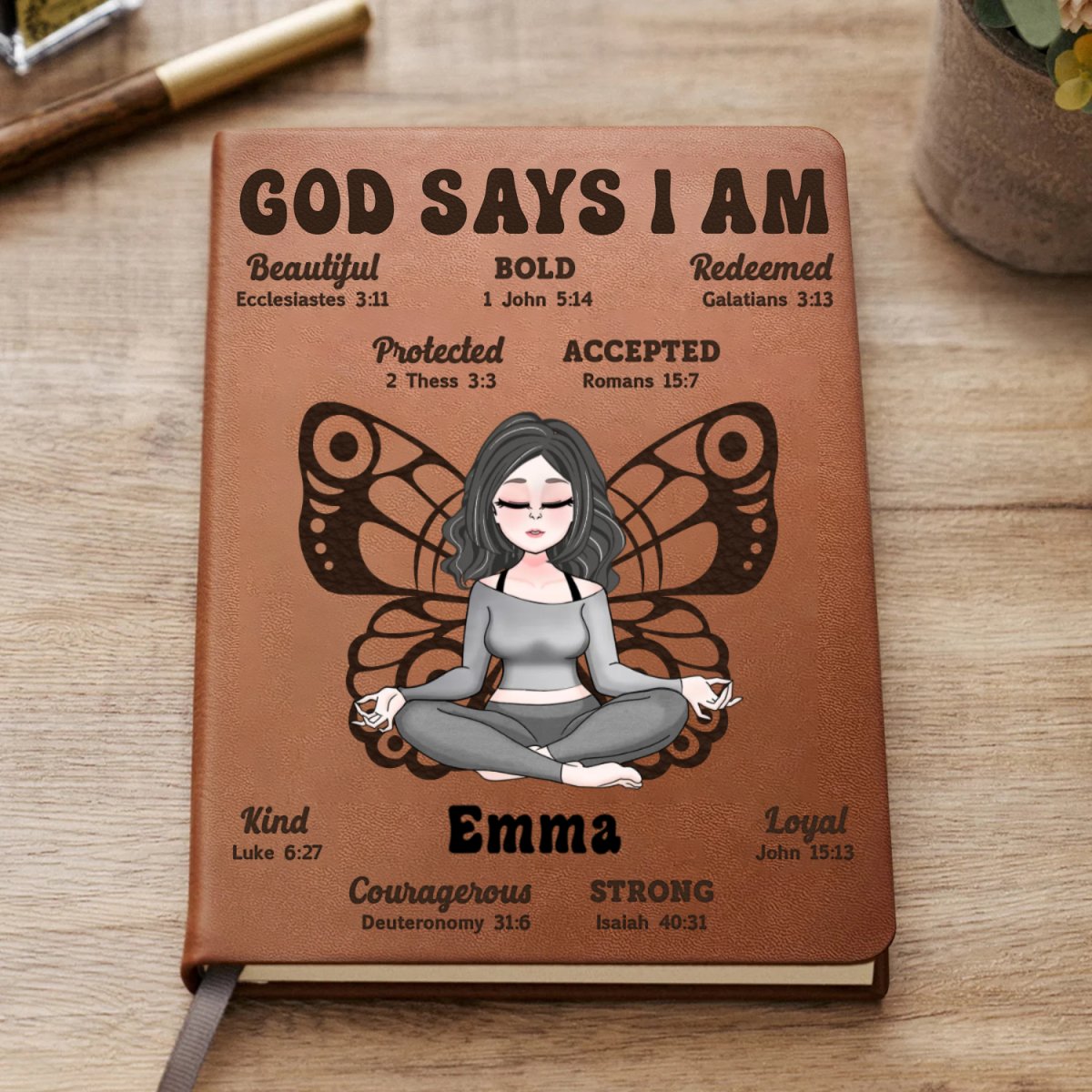 Yoga Lovers - God Says I Am - Personalized Leather Journal (TB)